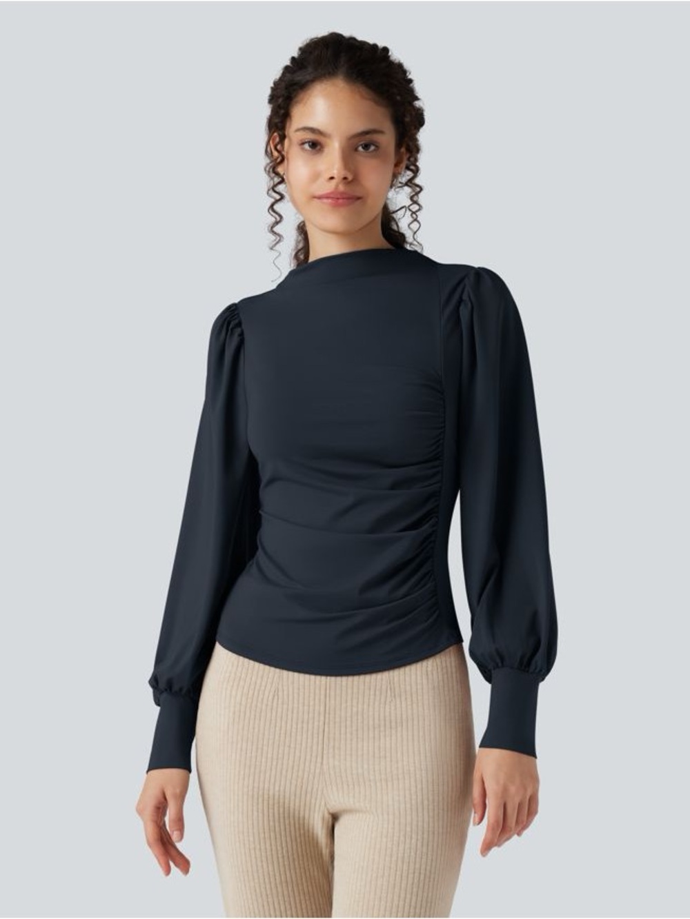 HALARA Navy Puff-Sleeve Ruched Long-Sleeve Top (NWOT)